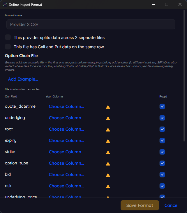 TradeCraft Define Import Format dialog: a format name, an Add Example button, and a list of TradeCraft fields each with a Choose Column control for matching the vendor's column