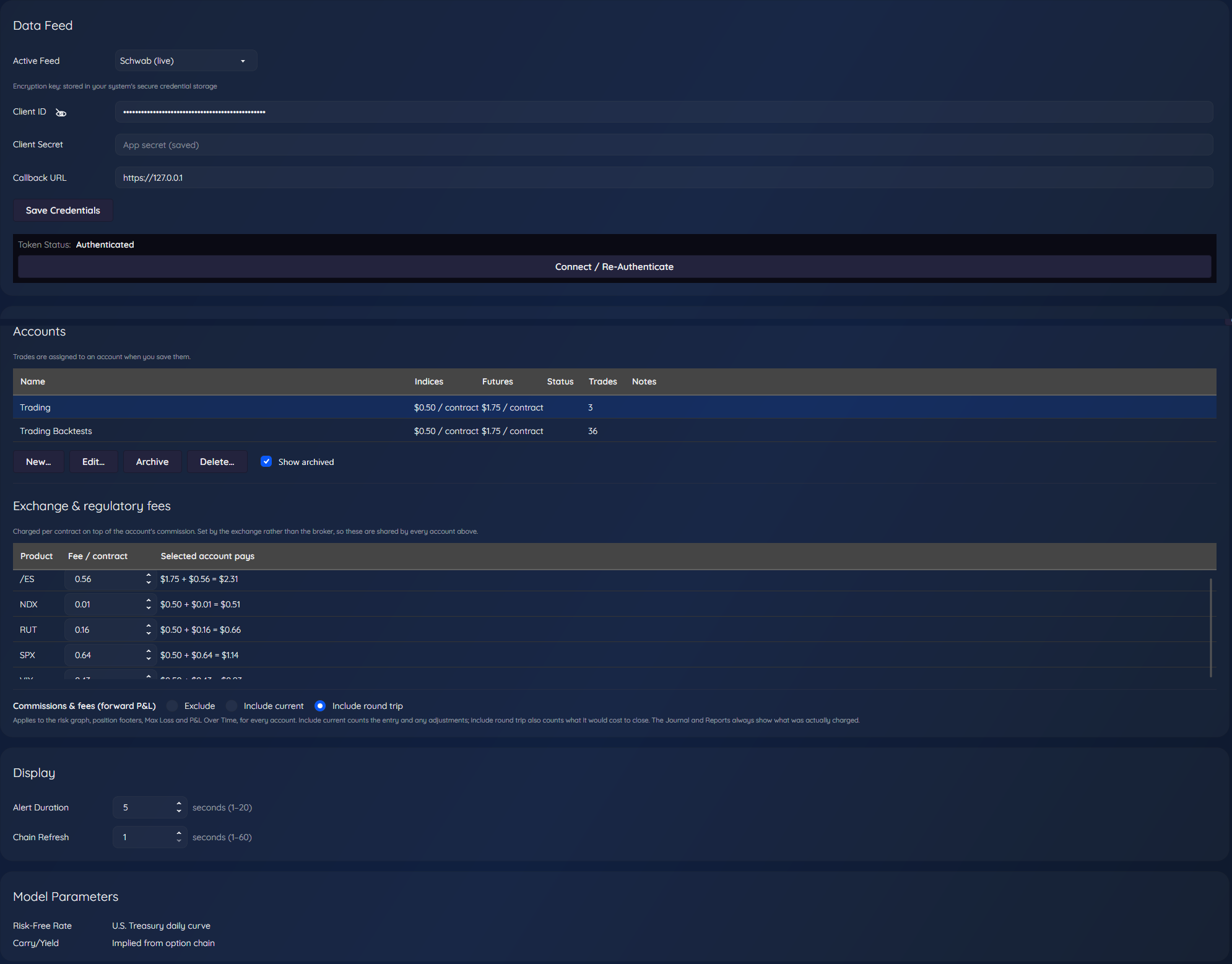 TradeCraft Settings from the Data Feed panel down to Model Parameters: the active feed set to Schwab (live) with masked client ID and a saved client secret, the Accounts list with its New, Edit, Archive and Delete buttons, the exchange and regulatory fees per product, the commissions and fees choice for forward P&L, the Display settings, and the Model Parameters